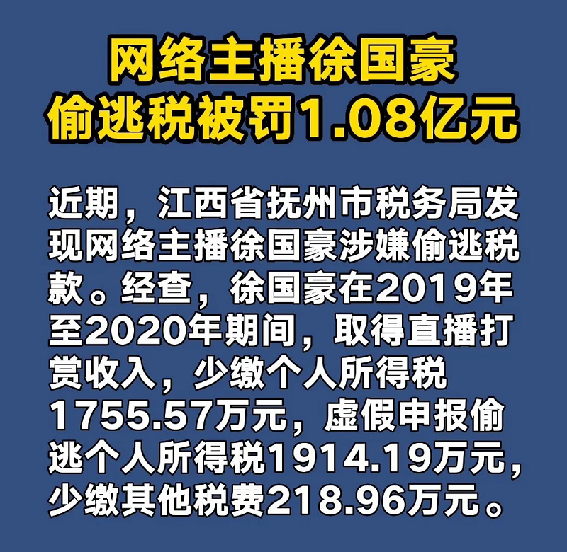 又一位网络主播偷逃税款,徐国豪被追缴罚没1.08亿元